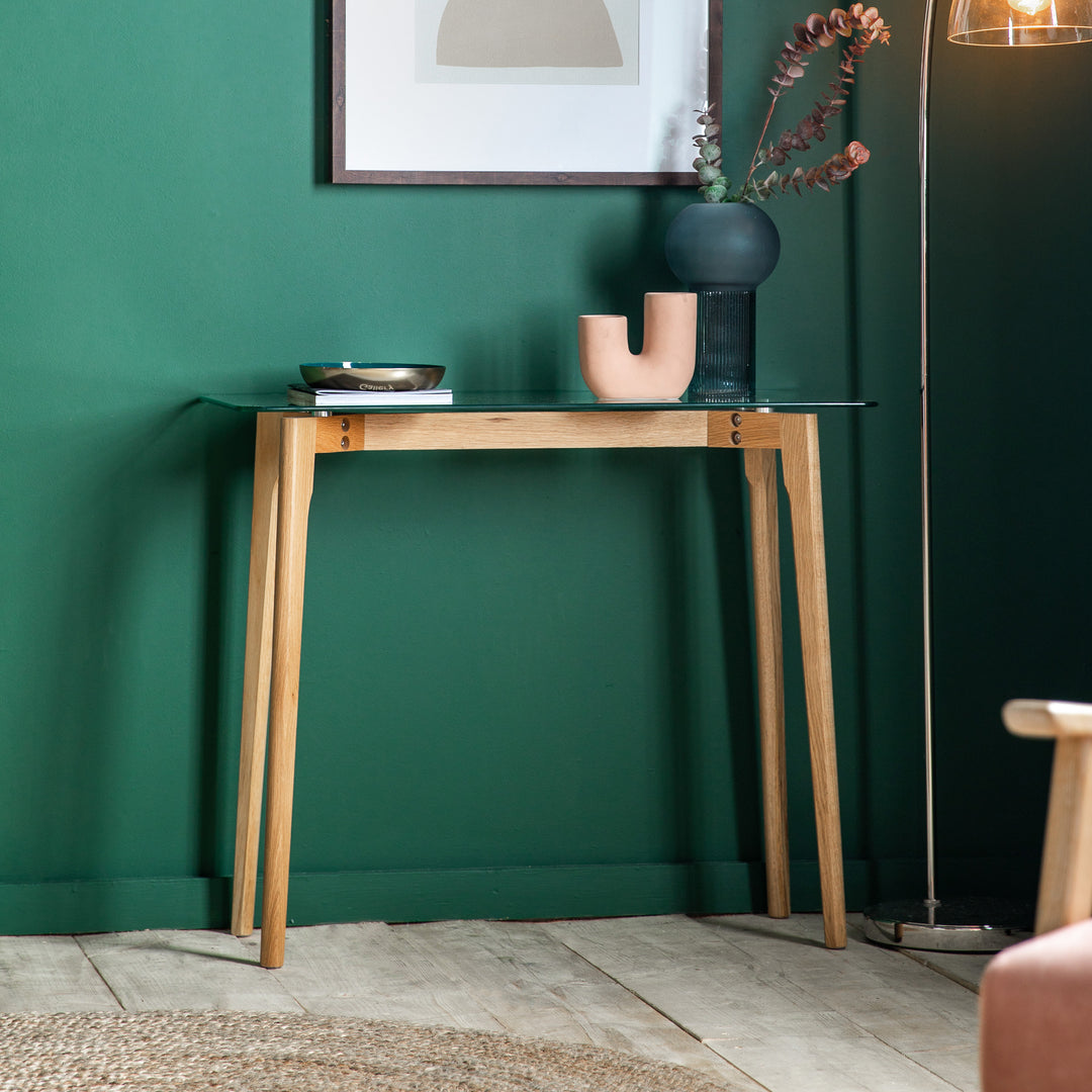 Endon 109462 Natural Oak And Glass Top Console Table