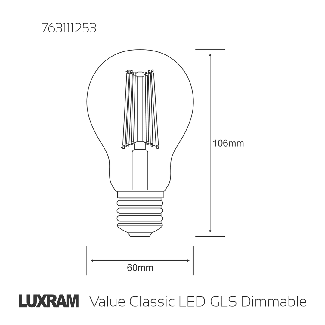 Luxram 763111253 Pack Of 10 E27 GLS LED Dimmable 6.5W Warm White 2700K