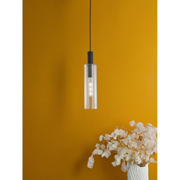 Dar RUB0122 Ruben Pendant Satin Black and Ribbed Glass