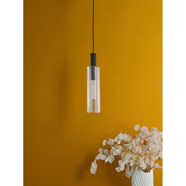 Dar RUB0122 Ruben Pendant Satin Black and Ribbed Glass