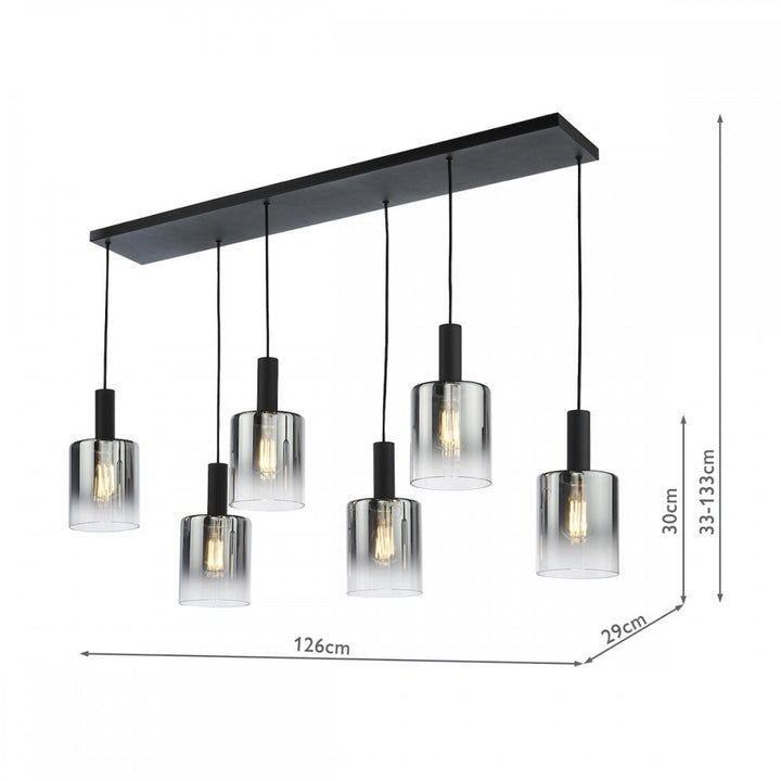 Dar SAV0622 Savannah 6 Light Bar Pendant Matt Black and Smoked Glass