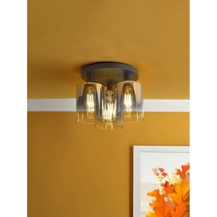Dar SAV5322 Savannah 3 Light Flush Matt Black and Smoked Glass