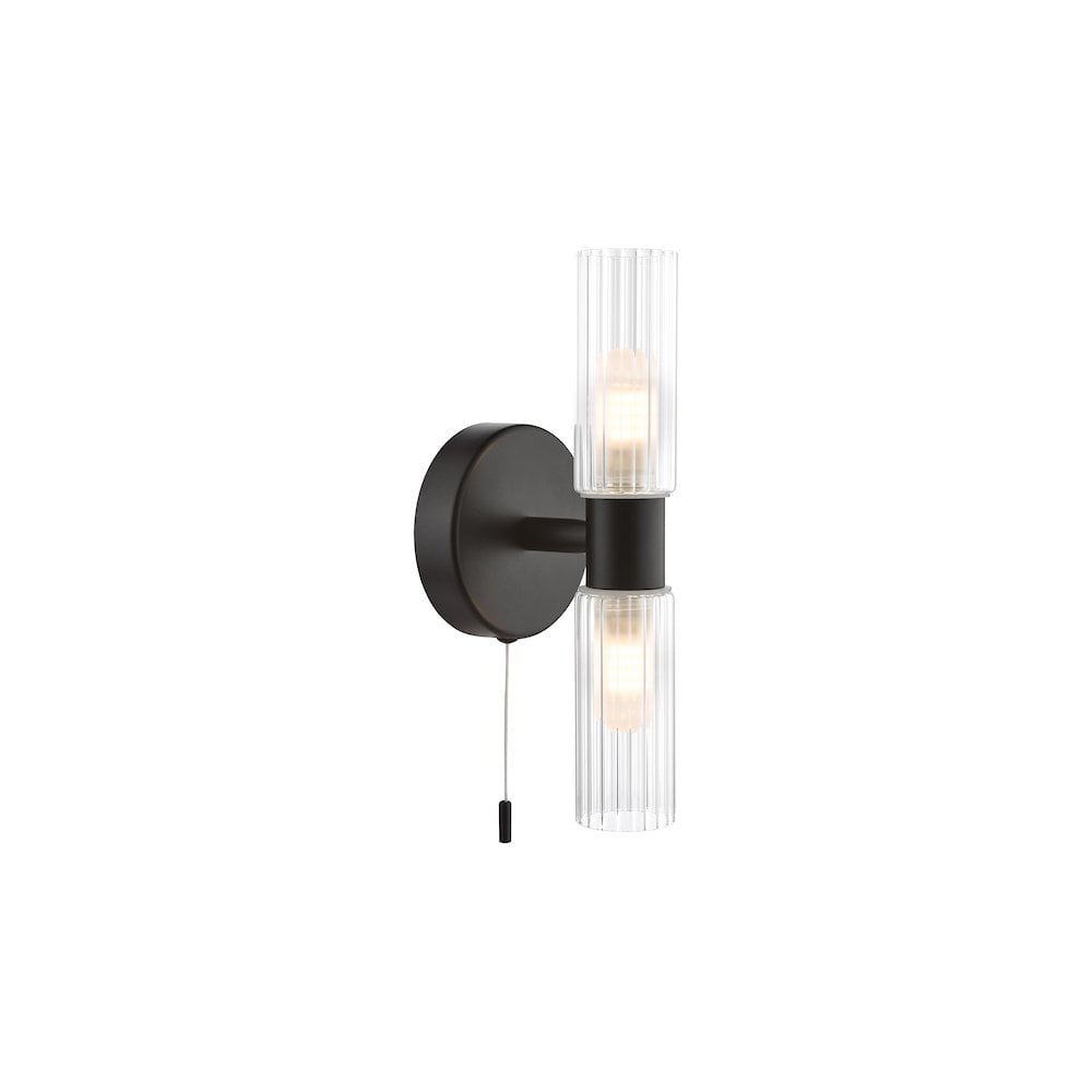 Dar BOL0922 Bolton 2 Light Bathroom Wall Light Matt Black and Ribbed Glass IP44