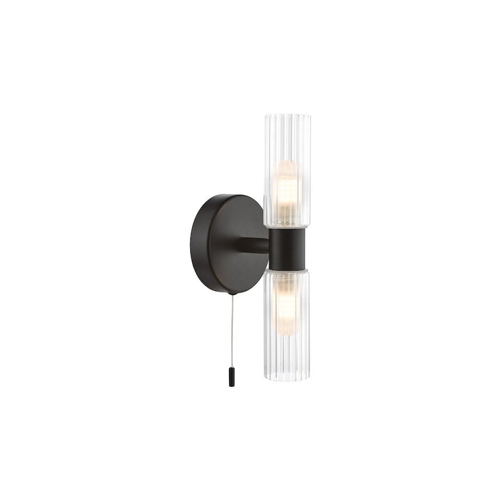 Dar BOL0922 Bolton 2 Light Bathroom Wall Light Matt Black and Ribbed Glass IP44