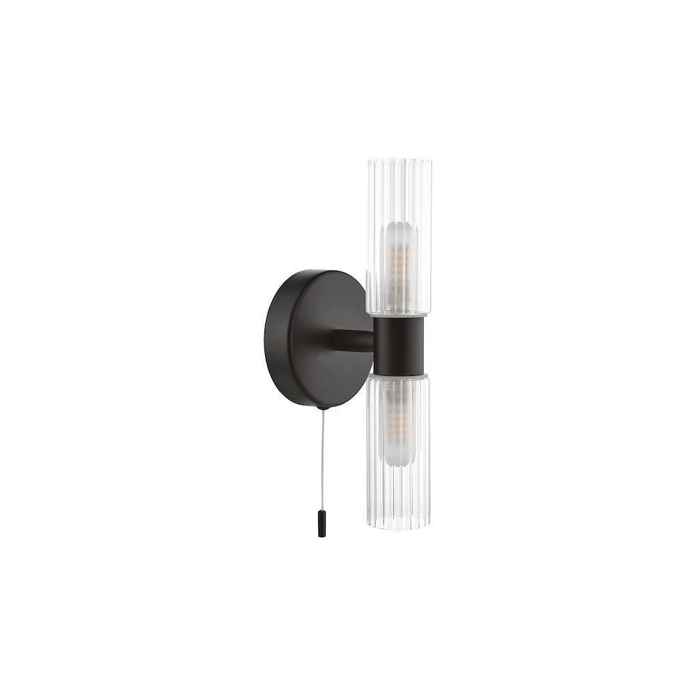 Dar BOL0922 Bolton 2 Light Bathroom Wall Light Matt Black and Ribbed Glass IP44