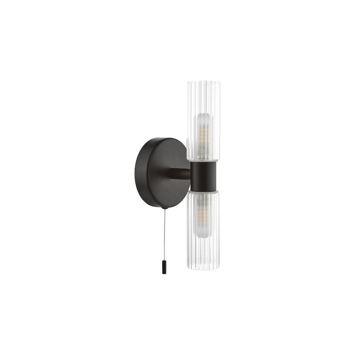 Dar BOL0922 Bolton 2 Light Bathroom Wall Light Matt Black and Ribbed Glass IP44