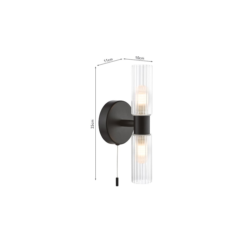 Dar BOL0922 Bolton 2 Light Bathroom Wall Light Matt Black and Ribbed Glass IP44