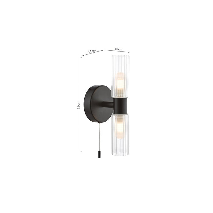 Dar BOL0922 Bolton 2 Light Bathroom Wall Light Matt Black and Ribbed Glass IP44