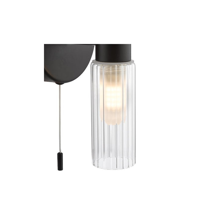 Dar BOL0922 Bolton 2 Light Bathroom Wall Light Matt Black and Ribbed Glass IP44