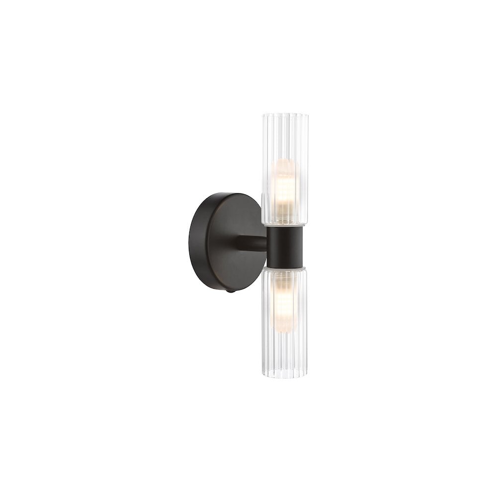 Dar BOL0922 Bolton 2 Light Bathroom Wall Light Matt Black and Ribbed Glass IP44