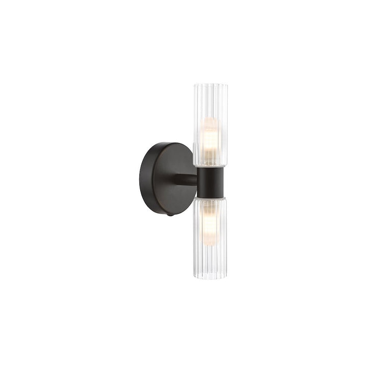 Dar BOL0922 Bolton 2 Light Bathroom Wall Light Matt Black and Ribbed Glass IP44