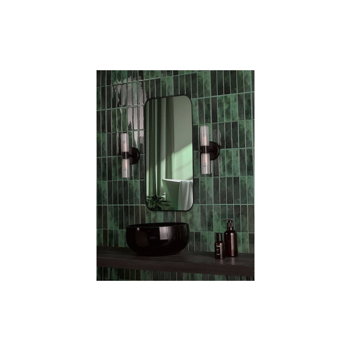 Dar BOL0922 Bolton 2 Light Bathroom Wall Light Matt Black and Ribbed Glass IP44