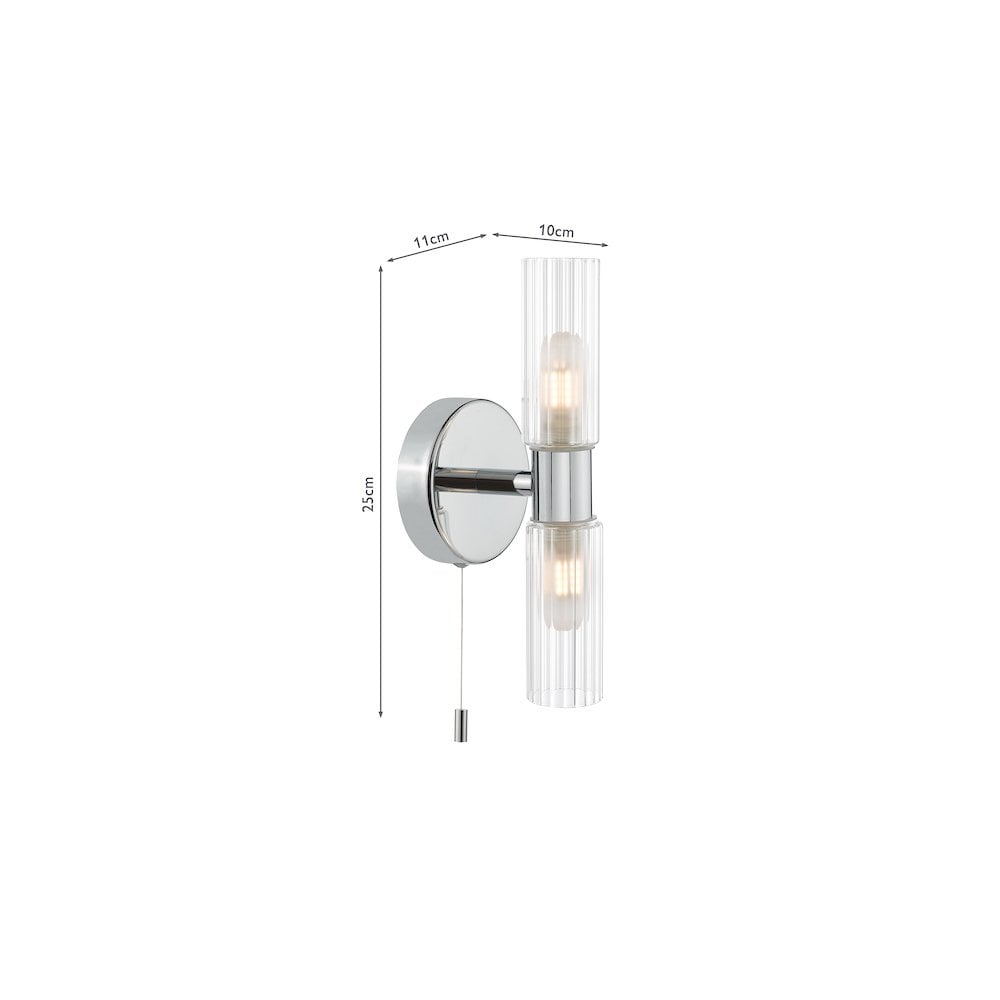 Dar BOL0950 Bolton 2 Light Bathroom Wall Light Polished Chrome and Ribbed Glass IP44