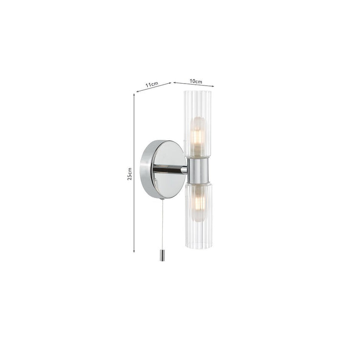 Dar BOL0950 Bolton 2 Light Bathroom Wall Light Polished Chrome and Ribbed Glass IP44
