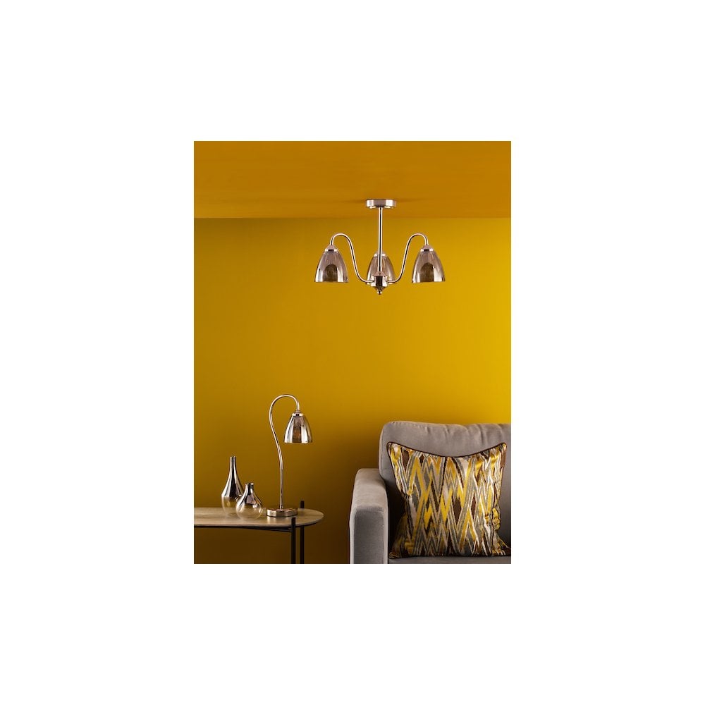 Dar GLY5338 Glynis 3 Light Semi-Flush Polished Nickel and Smoked Ribbed Glass
