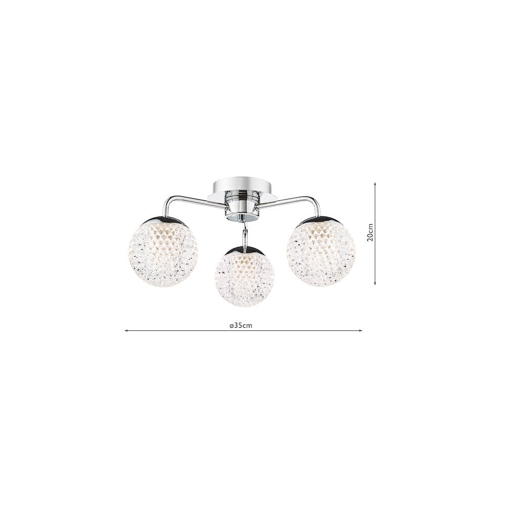 Dar TEV5350 Teva Bathroom 3 Light Semi-Flush Polished Chrome and Faceted Acrylic IP44