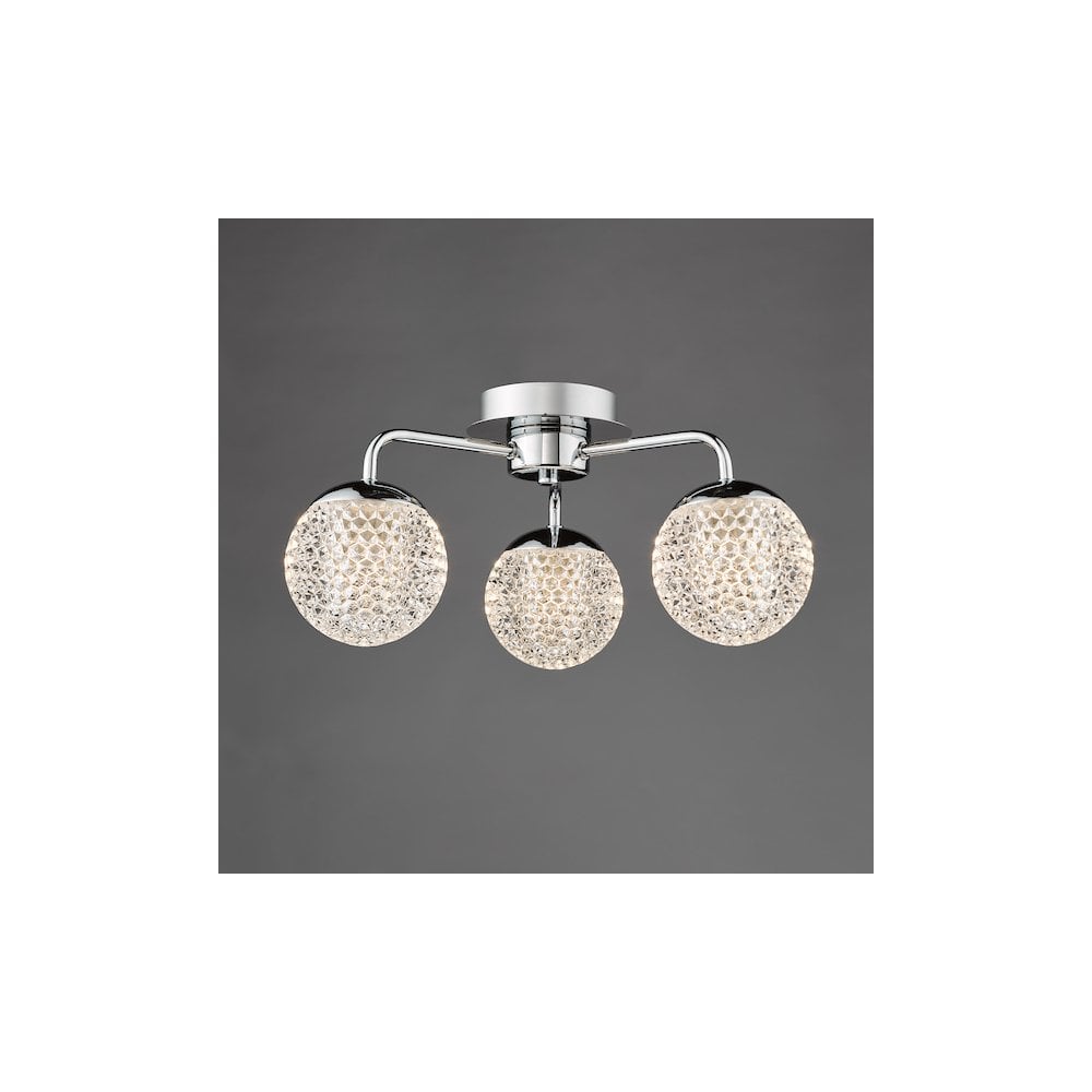 Dar TEV5350 Teva Bathroom 3 Light Semi-Flush Polished Chrome and Faceted Acrylic IP44