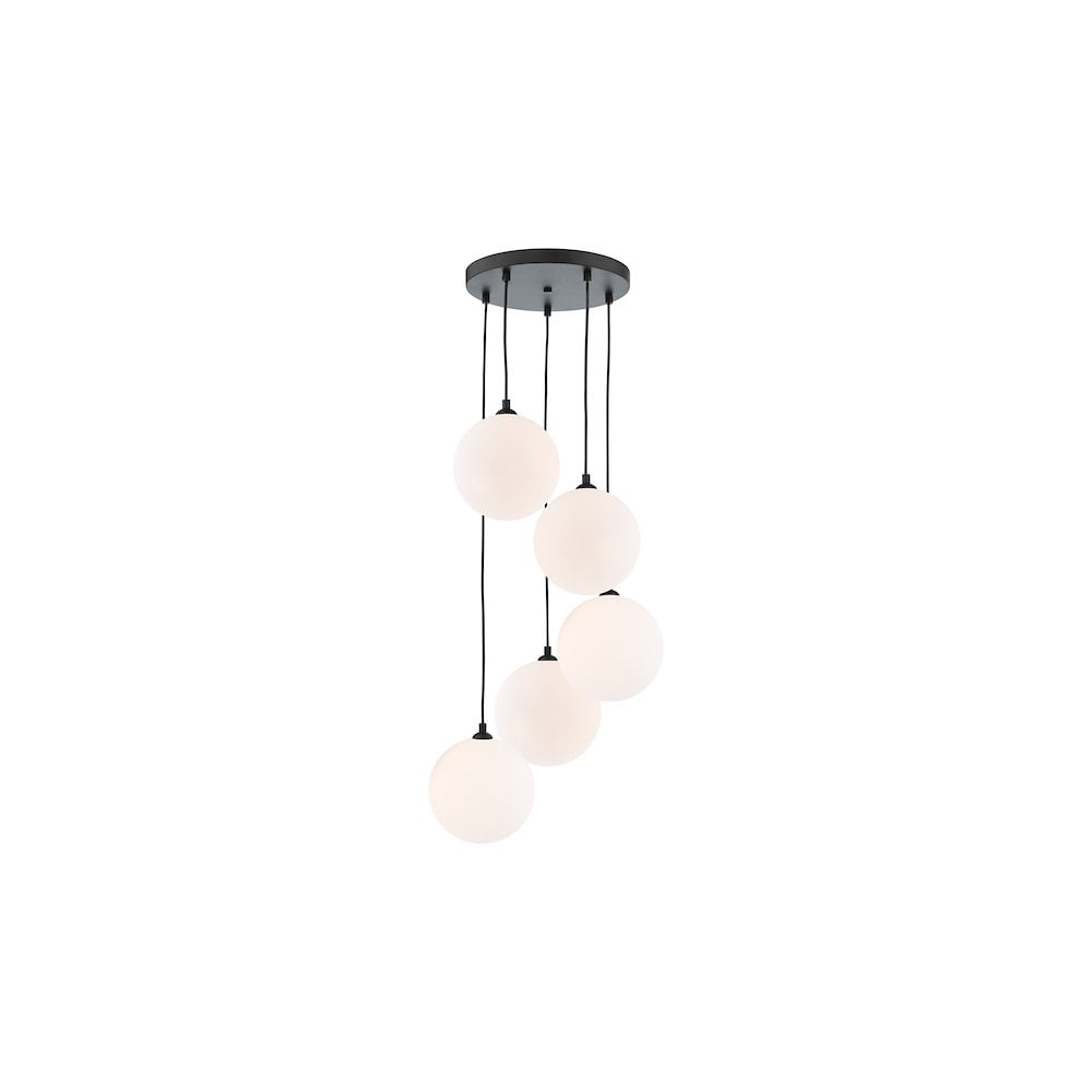 Dar FED0522-23 Federico 5 Light Cluster Pendant Matt Black and Large Opal Glass