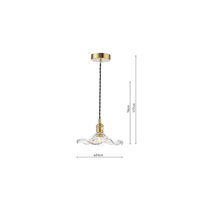 Dar HAD0140-12 Hadano Pendant Natural Brass and Wavy Glass
