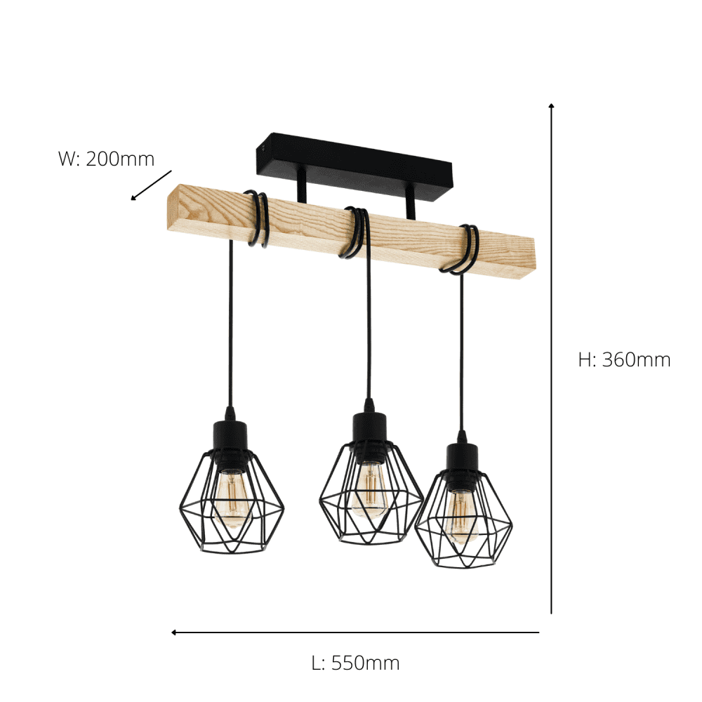 Eglo 44074 Townshend 5 Black/Natural Wood 3-Light Ceiling Pendant