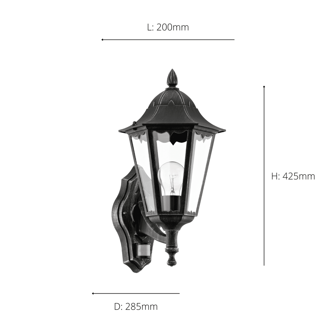 Eglo 93458 Navedo 1-Light Traditional Black And Silver Exterior Wall Lamp With Sensor
