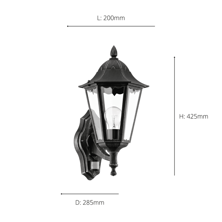 Eglo 93458 Navedo 1-Light Traditional Black And Silver Exterior Wall Lamp With Sensor