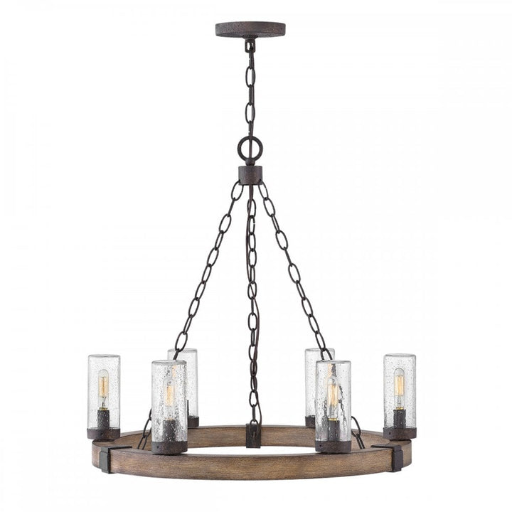 Hinkley Lighting HK-SAWYER6-SQ Sawyer 6 Light Outdoor Chandelier Sequoia wood effect with rust Iron accents & Clear seeded glass