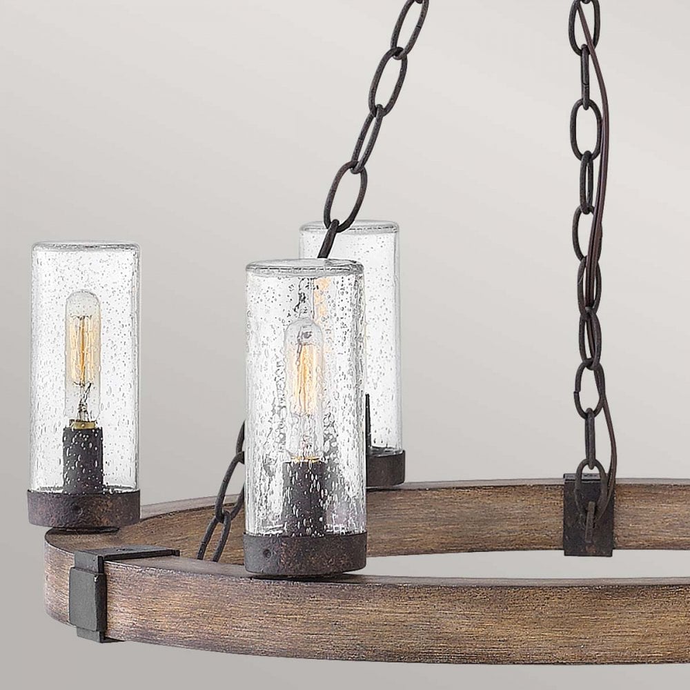 Hinkley Lighting HK-SAWYER6-SQ Sawyer 6 Light Outdoor Chandelier Sequoia wood effect with rust Iron accents & Clear seeded glass