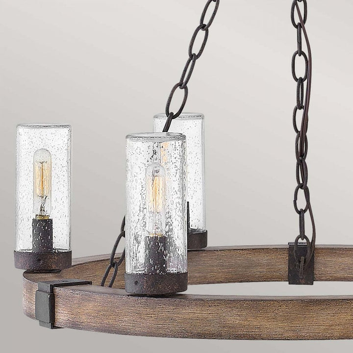 Hinkley Lighting HK-SAWYER6-SQ Sawyer 6 Light Outdoor Chandelier Sequoia wood effect with rust Iron accents & Clear seeded glass