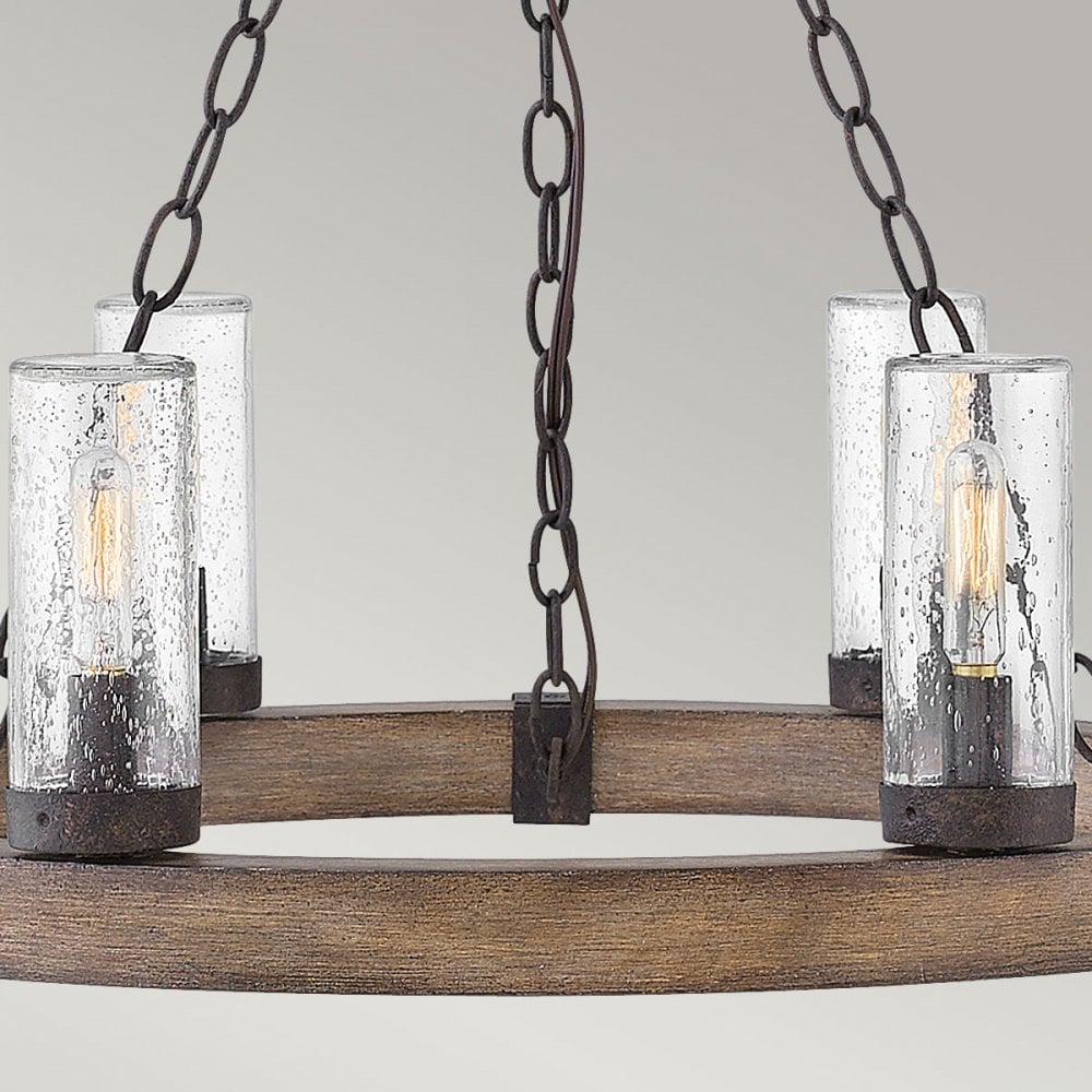 Hinkley Lighting HK-SAWYER6-SQ Sawyer 6 Light Outdoor Chandelier Sequoia wood effect with rust Iron accents & Clear seeded glass