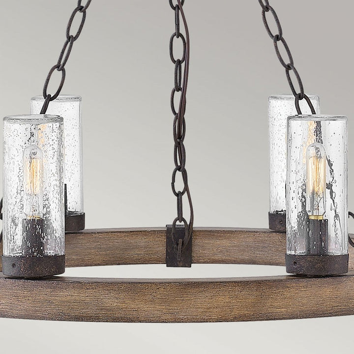 Hinkley Lighting HK-SAWYER6-SQ Sawyer 6 Light Outdoor Chandelier Sequoia wood effect with rust Iron accents & Clear seeded glass