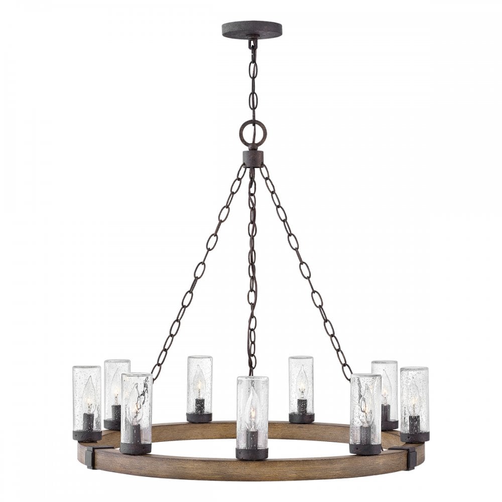Hinkley Lighting HK-SAWYER9-SQ Sawyer 9 Light Outdoor Chandelier Sequoia wood effect with rust Iron accents & Clear seeded glass