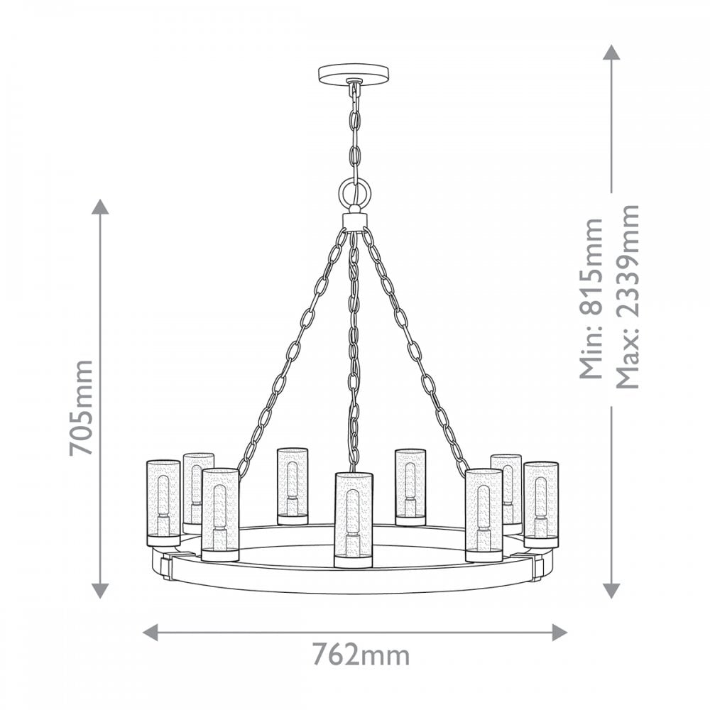 Hinkley Lighting HK-SAWYER9-SQ Sawyer 9 Light Outdoor Chandelier Sequoia wood effect with rust Iron accents & Clear seeded glass
