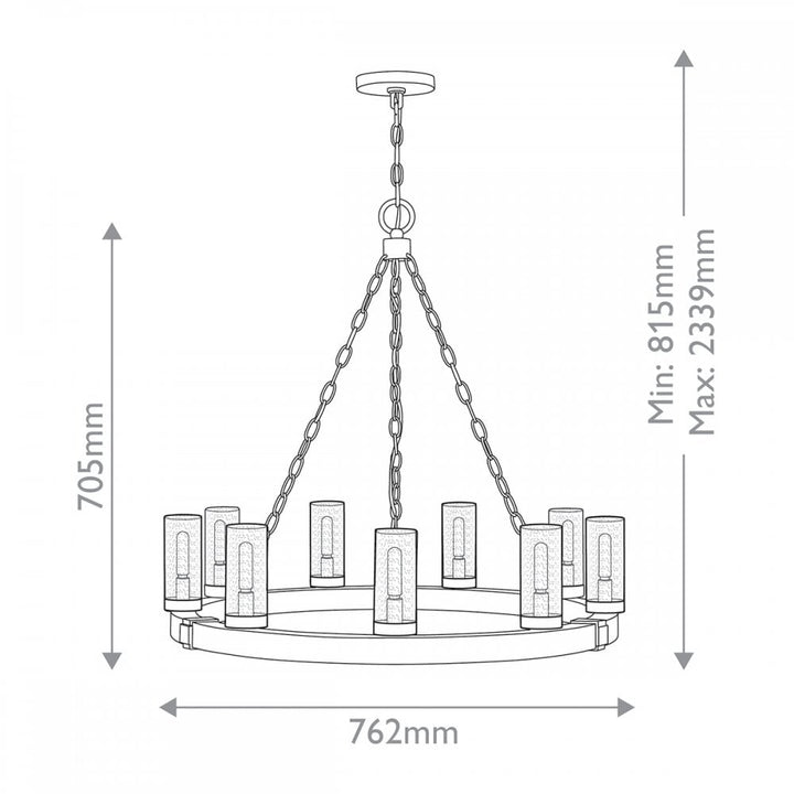 Hinkley Lighting HK-SAWYER9-SQ Sawyer 9 Light Outdoor Chandelier Sequoia wood effect with rust Iron accents & Clear seeded glass