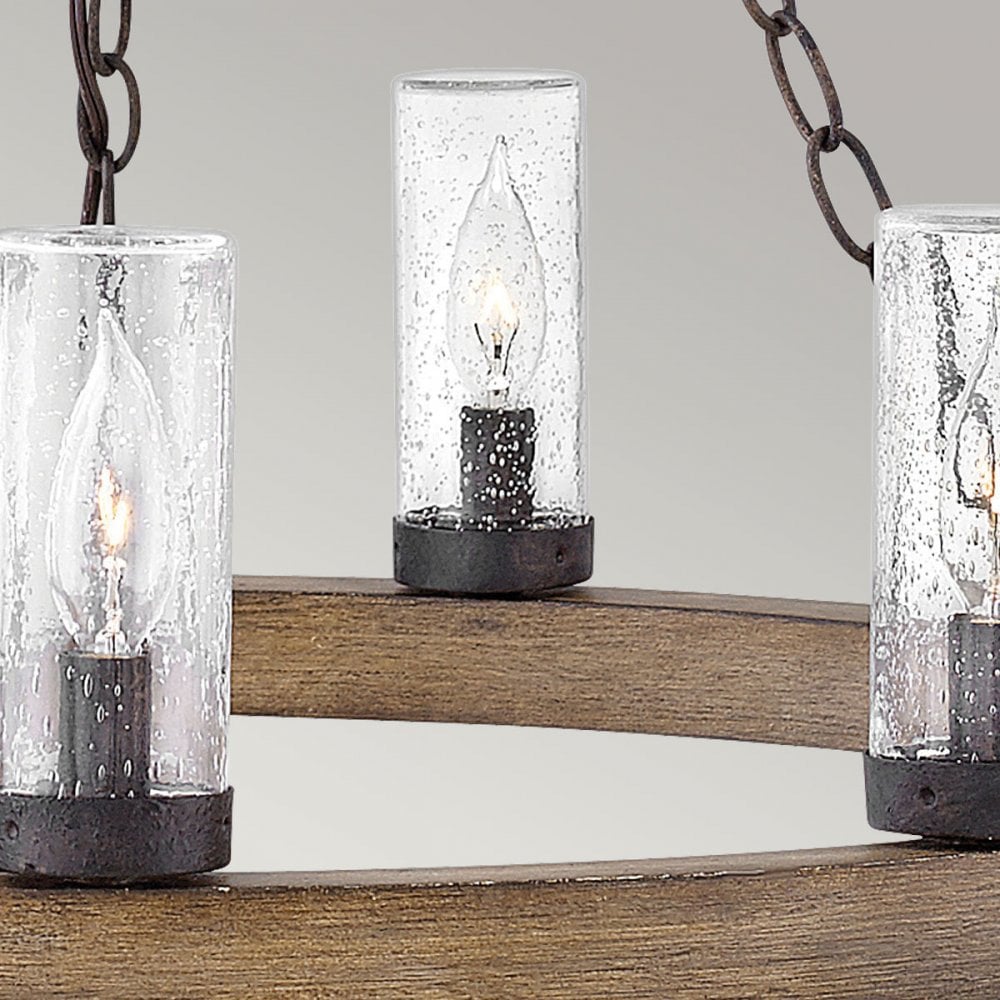 Hinkley Lighting HK-SAWYER9-SQ Sawyer 9 Light Outdoor Chandelier Sequoia wood effect with rust Iron accents & Clear seeded glass