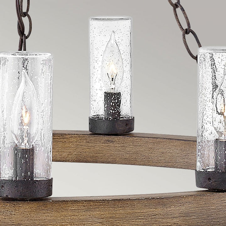Hinkley Lighting HK-SAWYER9-SQ Sawyer 9 Light Outdoor Chandelier Sequoia wood effect with rust Iron accents & Clear seeded glass