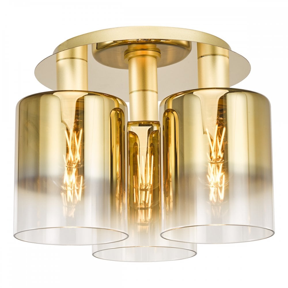 Dar SAV5335 Savannah 3 Light Flush Satin Gold and Gold Ombre Glass