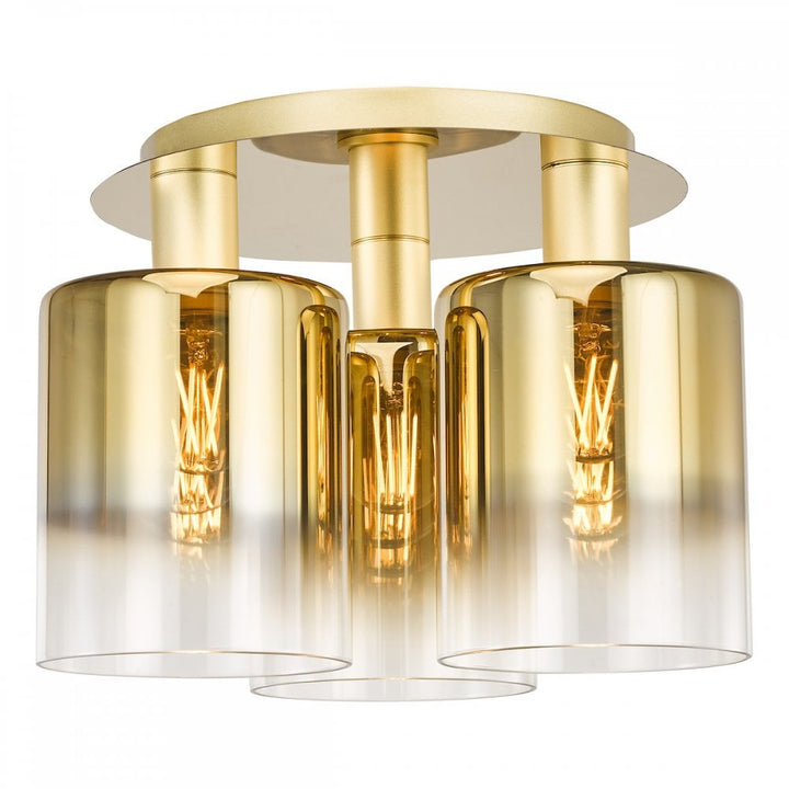 Dar SAV5335 Savannah 3 Light Flush Satin Gold and Gold Ombre Glass