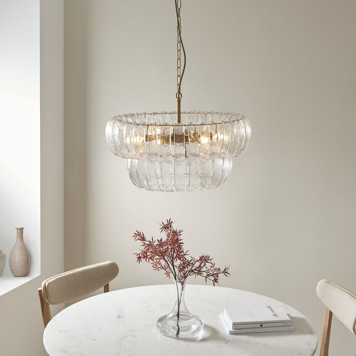 Endon 116976 Montrose 6 Light Pendant Brushed Aged Brass Plate & Handmade Clear Textured Glass