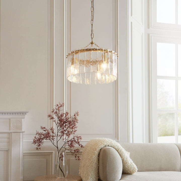 Endon 118467 Karine 3 Light Pendant Brushed Aged Brass Plate & Clear Handmade Textured Glass