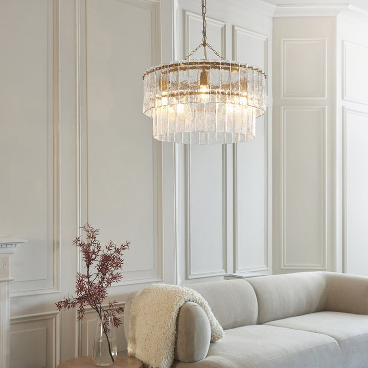 Endon 118469 Karine 5 Light Tiered Pendant Brushed Aged Brass Plate & Clear Handmade Textured Glass