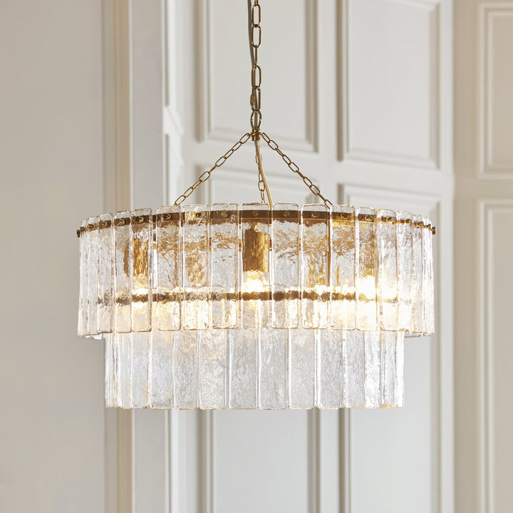 Endon 118469 Karine 5 Light Tiered Pendant Brushed Aged Brass Plate & Clear Handmade Textured Glass