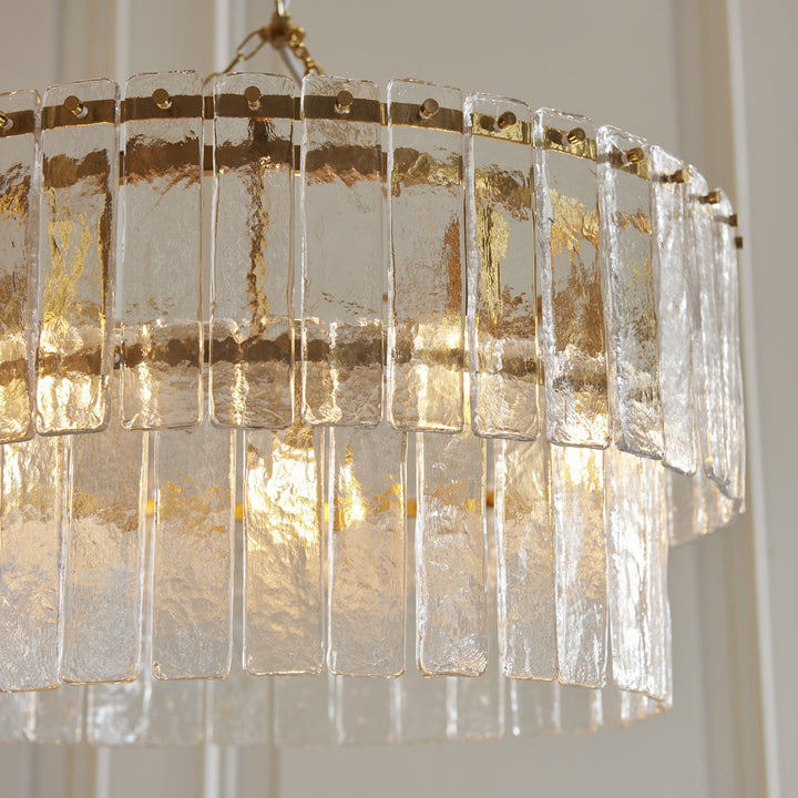 Endon 118469 Karine 5 Light Tiered Pendant Brushed Aged Brass Plate & Clear Handmade Textured Glass