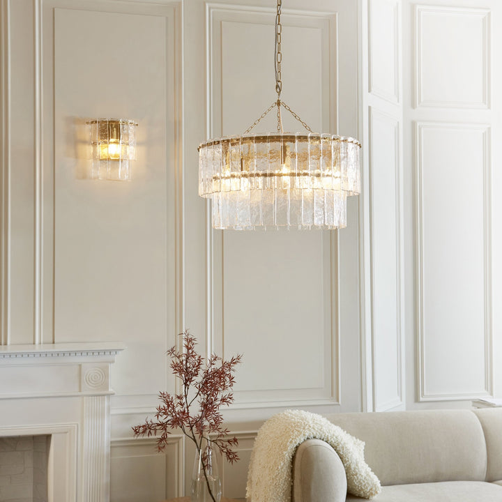 Endon 118469 Karine 5 Light Tiered Pendant Brushed Aged Brass Plate & Clear Handmade Textured Glass