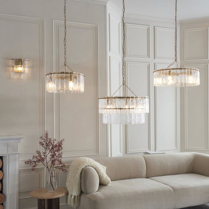Endon 118469 Karine 5 Light Tiered Pendant Brushed Aged Brass Plate & Clear Handmade Textured Glass