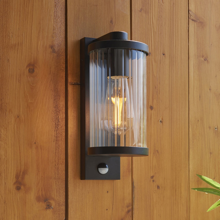 Endon 120537 Newcombe Outdoor Pir Wall Light Matt Black & Clear Ribbed Glass