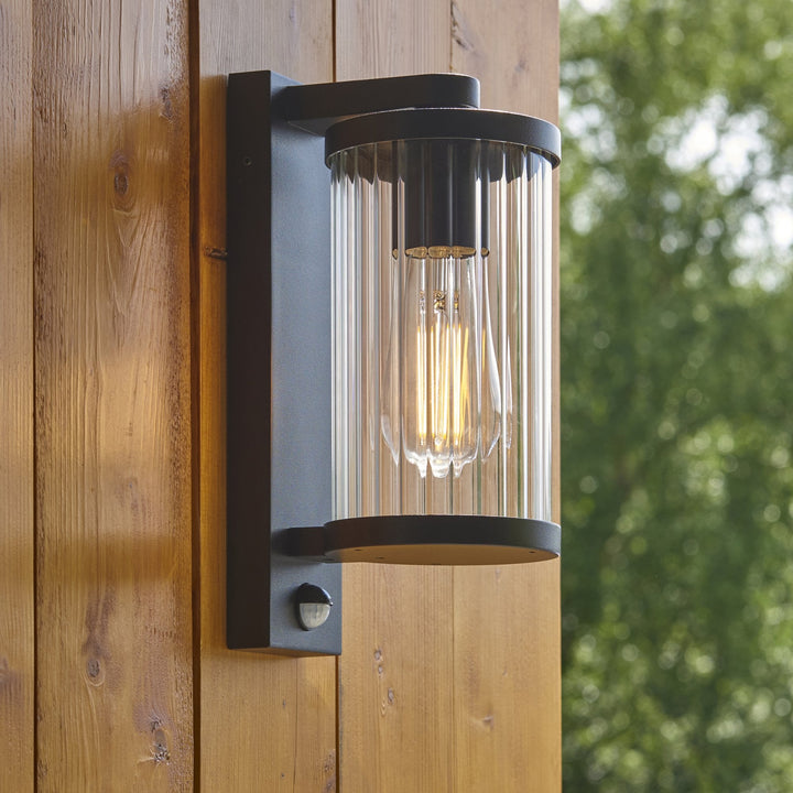 Endon 120537 Newcombe Outdoor Pir Wall Light Matt Black & Clear Ribbed Glass