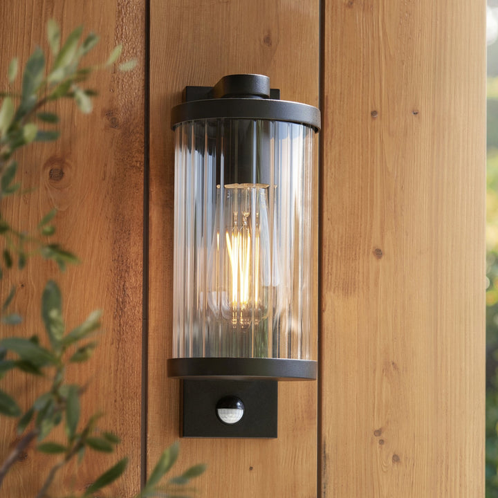 Endon 120537 Newcombe Outdoor Pir Wall Light Matt Black & Clear Ribbed Glass