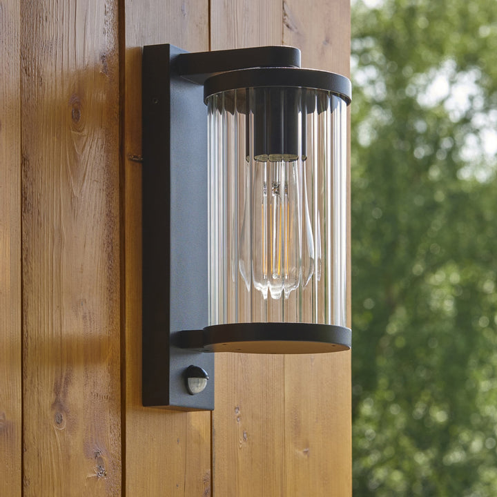 Endon 120537 Newcombe Outdoor Pir Wall Light Matt Black & Clear Ribbed Glass