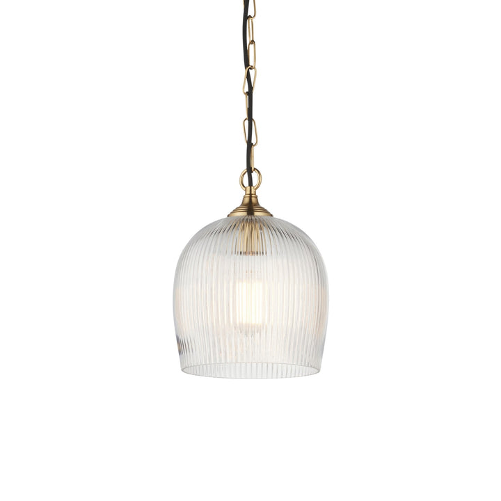 Endon 120625 Ashcroft Ribbed Pendant Brushed Aged Brass Plate & Clear Ribbed Glass